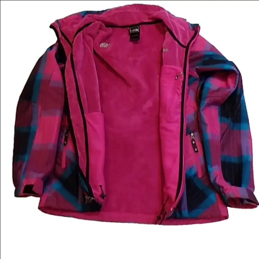 The North Face Women's Pink and Blue Plaid Fleece Lined Snowboard Ski Jacket - Picture 12 of 16